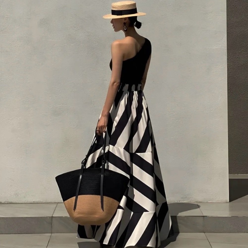 Commense Stripe Print Black & White Maxi Skirt